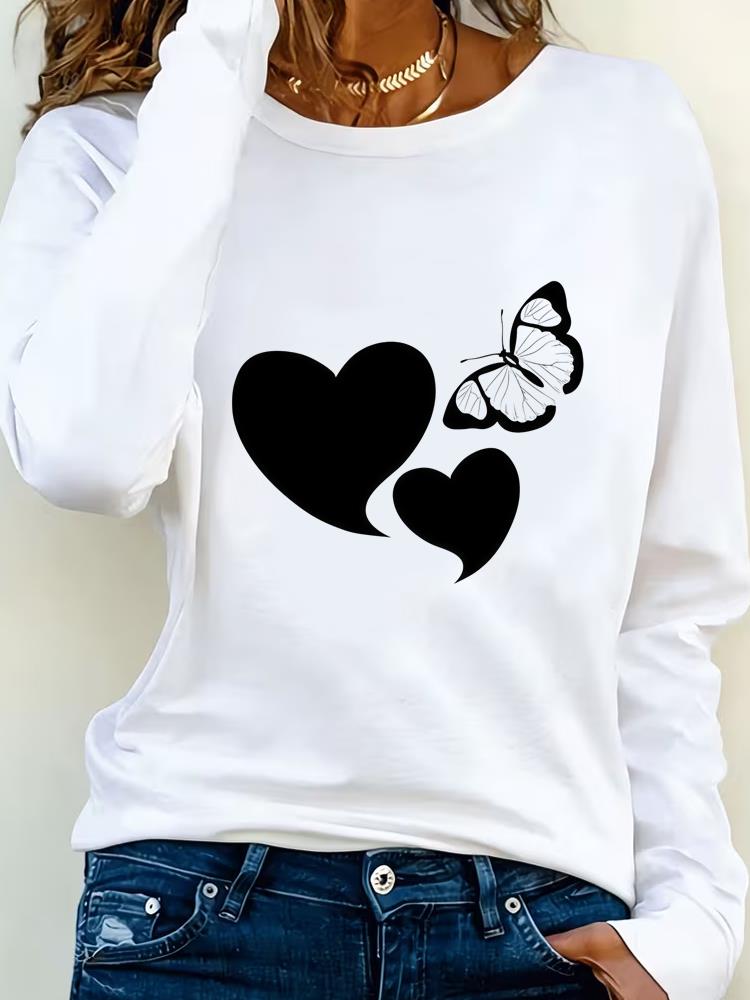 (Asian Size) Lovely Butterfly Style Print T Shirt Tee Women Clothing Autumn Winter Spring Casual Fashion Top O-neck Graphic Long Sleeve T-shirts