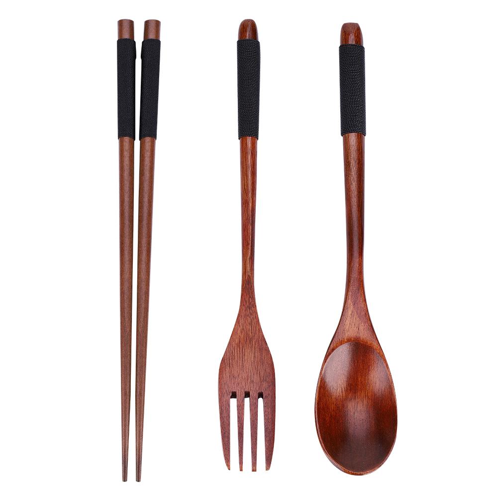 Wooden Chopsticks Spoon Fork Tableware Dinnerware 3pcs Set (with black thread)