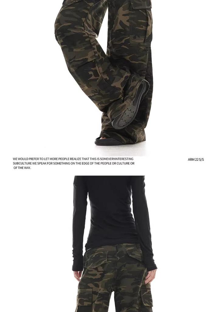 Unisex Vintage Washed Camo Wide-Leg Work Pants with Multi-Pockets