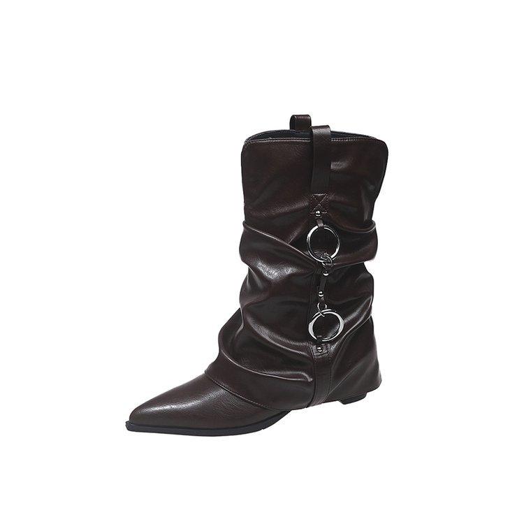 [All Girls' Shoe Cupboard] Autumn and Winter 2025 Pointed Pleated Pants Boots Double Buckle Thick-soled Versatile Boots
