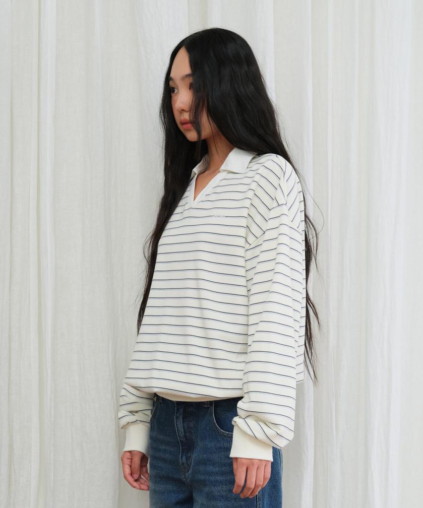 AMES-WORLDWIDE V Neck Collar Stripe Sweatshirt Ivory