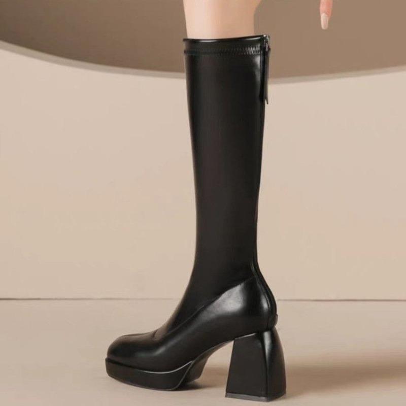 Fashion Women's Fashion Thick Heel Cotton Boots Winter New Sleeve Back Zipper Thick Sole Anti-slip Wear-resistant High Boots