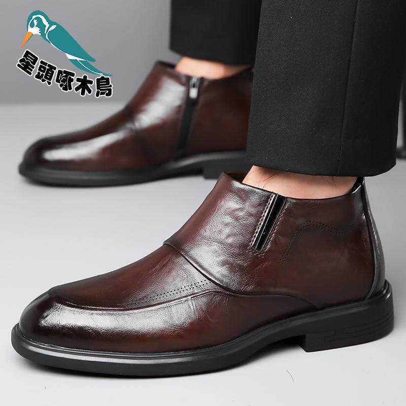 Star-headed woodpecker winter new cotton shoes high-top velvet warm business dress English leather shoes