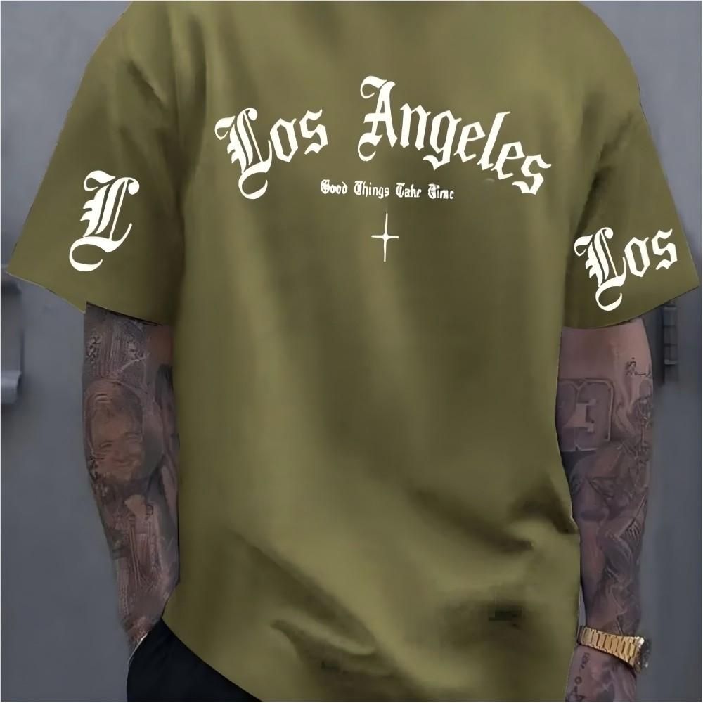 Modisches amerikanisches Unisex-Sommer-Gothic-Los-Angeles-Buchstabendruck-Mikro-elastisches atmungsaktives Rundhals-T-Shirt Outdoor-Freizeit-Oberteil