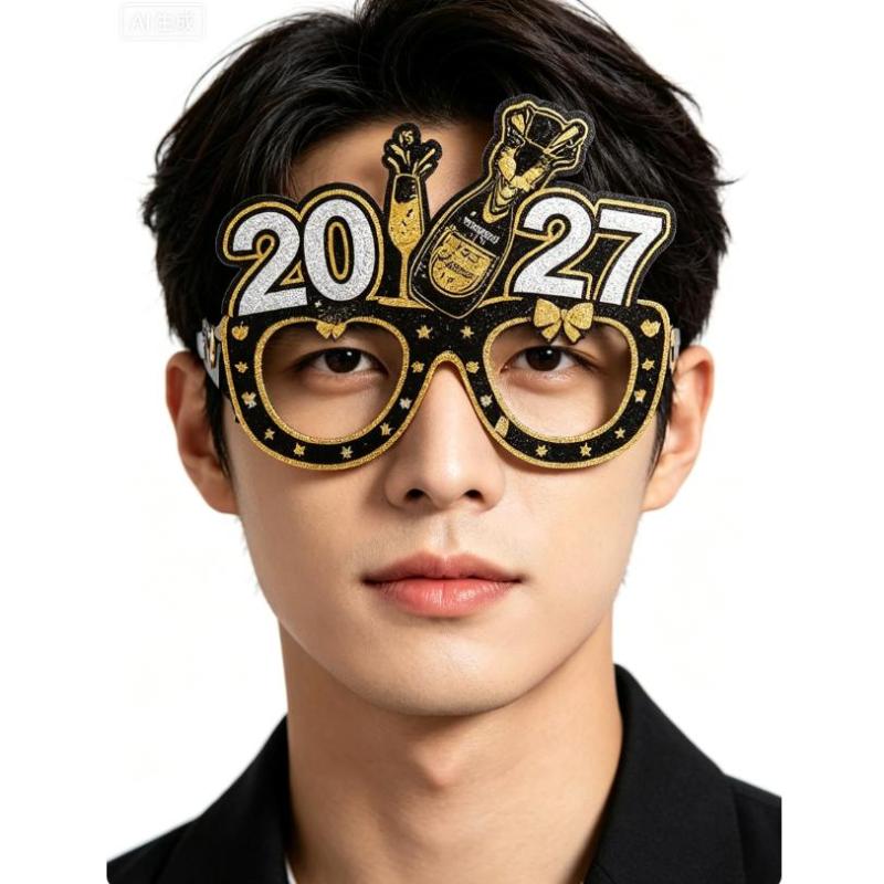 2027 Happy New Year Paper Glasses 6pcs Black Gold Glitter Non-Toxic Photo Booth Props for Office New Year Party Decor
