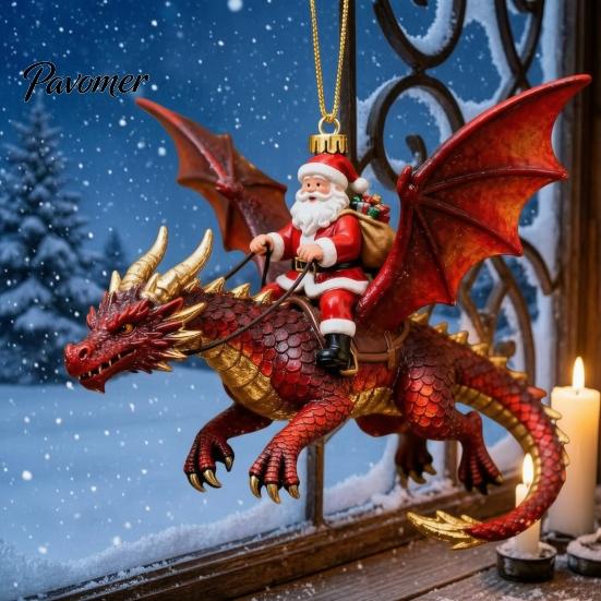 Prachtig kerstcadeau voor vrienden 2 stuks Kerstornamenten Santa Drakenrijder, 2D Acryl Vliegend Handgemaakt Feestelijke Hangende Ornamenten Claus Decoratie, Boom