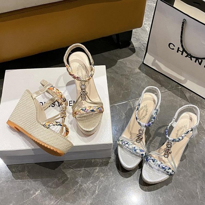 Women's Summer New Slope-heeled Women's Shoes Color-blocked Fabric Compilation Open-toe Casual Sandals