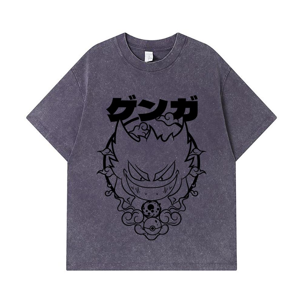 275 GSM Washed T-shirts 100% Cotton Pokemon V10 Gengar Print Unisex Heavy Cotton T Shirt