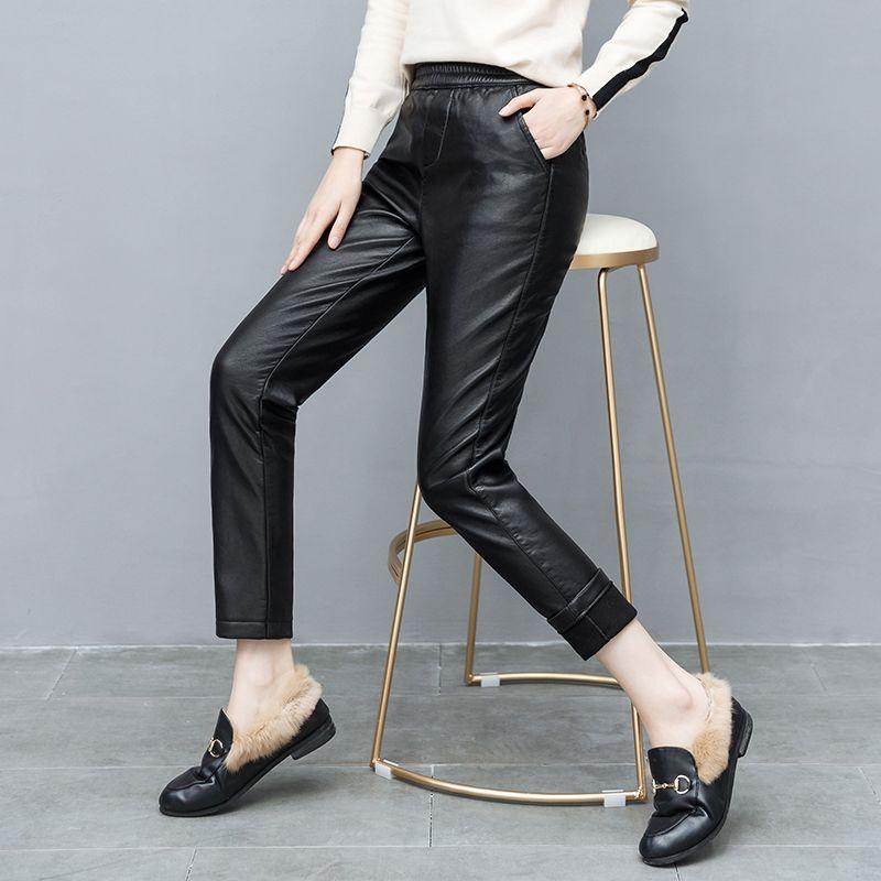 Faux Leather Plush Thickened High Waist Elastic Korean Size Pu Pants Women's  Fashion  Pants Women Clothing