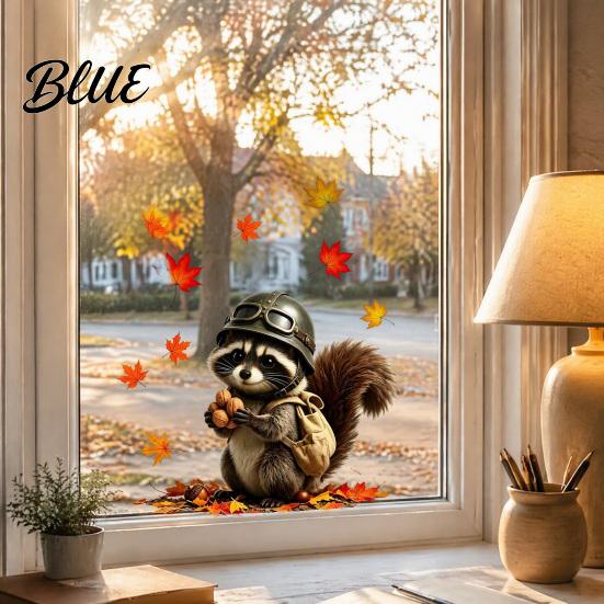 Easy to Apply Raccoon Animal Fall Stickers Window Glass Decals Cute Squirrel Decal Maple Leaf Outdoor Art Clings Autumn
