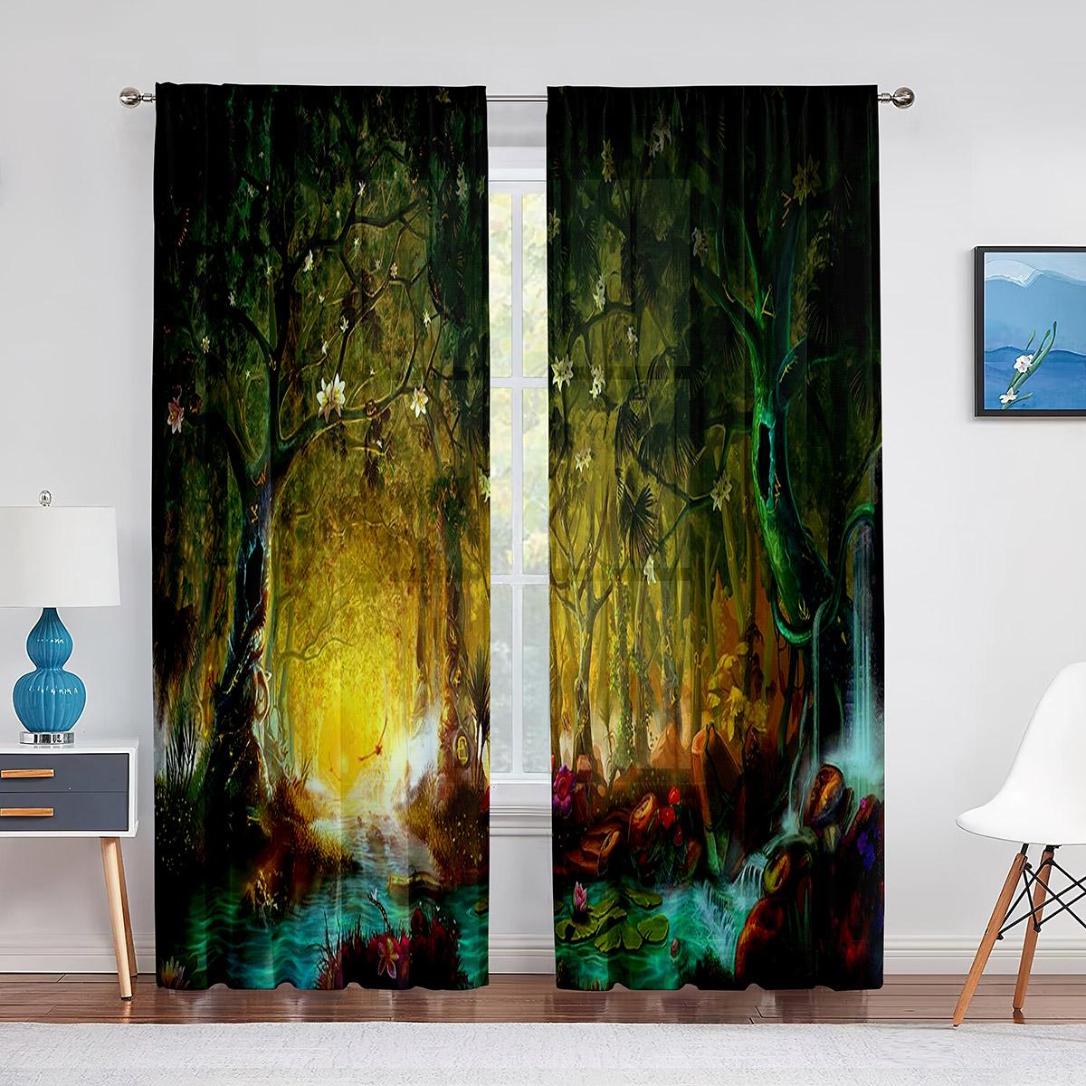 Cortinas de tul con diseño de árboles grandes, linternas y fantasía con cuentos de hadas del bosque, para decoración de sala de estar y dormitorio, cortina de gasa transparente 1 PCS W200XH250cm&Rod Pocket