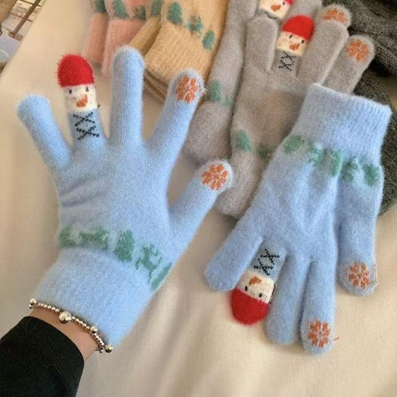 Winter all-inclusive five-finger gloves, cute snowman knitted thickened warm cycling cold-proof cotton gloves