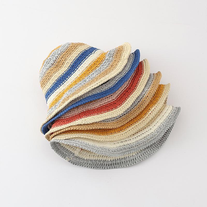 Hyunya Wind Rainbow Straw Bucket Hat Female Summer Breathable Sunshade Sunscreen Bucket Hat Show Face Small Straw Hat