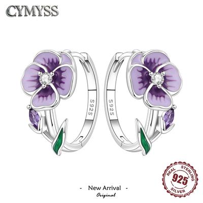 Original 925 Sterling Silver Needle Purple Violet Flowers Earrings Versatile Hoop For Women Jewelry Birthday Party Fine Gifts