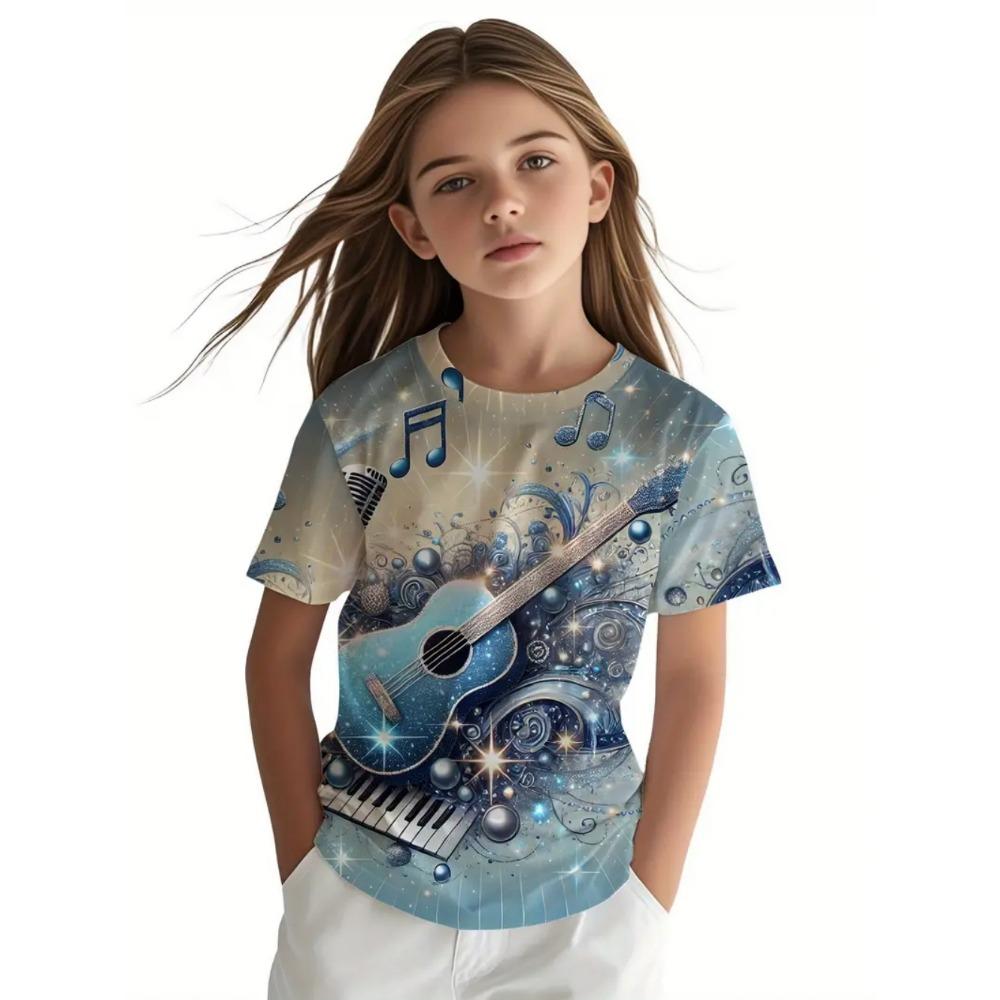 Retro children's clothing 3D music notes printed girls' clothing daily casual short sleeved street designer T-shirt top loose and fashionable T-shirt