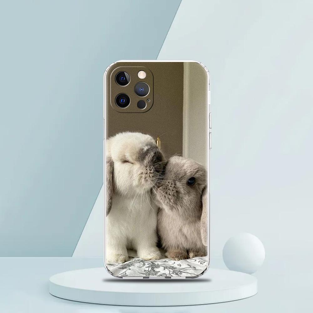 Cute White Baby Rabbits Luxury Phone Case For iPhone 16 15 14 13 12 11 Pro Max XS X XR SE 7 8 Plus soft Silicone Clear Cover