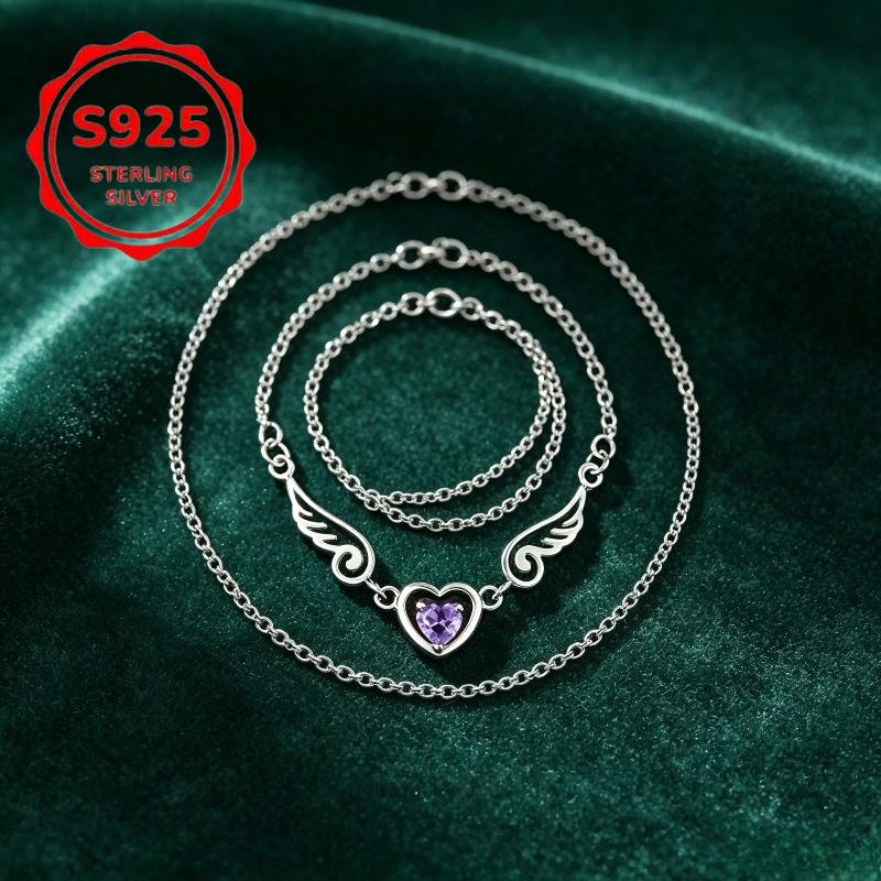 Ladies S Sterling Silver Layered Wing Heart Necklace with Purple Heart-shaped Synthetic Cubic Zirconia, Double-layer Chain Necklace, Hypoallergenic
