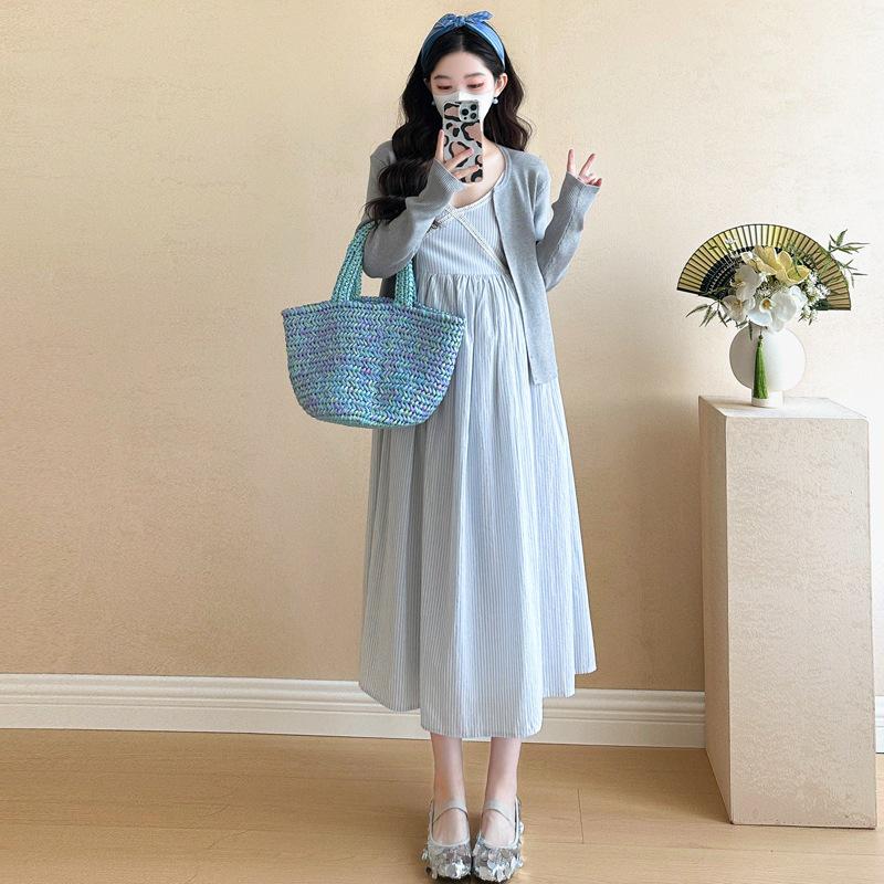2025 Spring Maternity Lace V-Neck Dress & Knit Cardigan