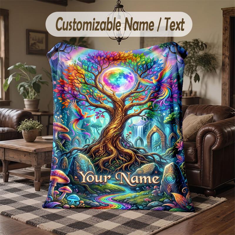 Forest Creatures Night Theme Throw Blanket Custom Name Text Personalized Blanket Soft Cozy Blanket for Home Sofa Bed