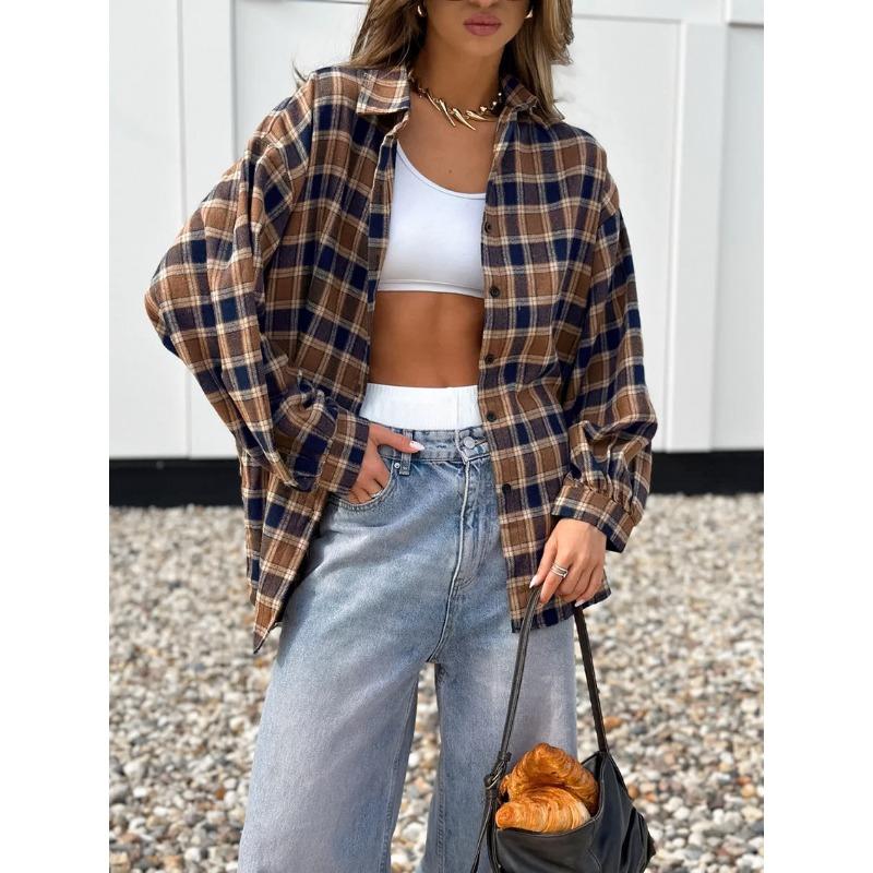 Women S Vintage Plaid Long Sleeve Loose Cardigan Shirt Summer Casual