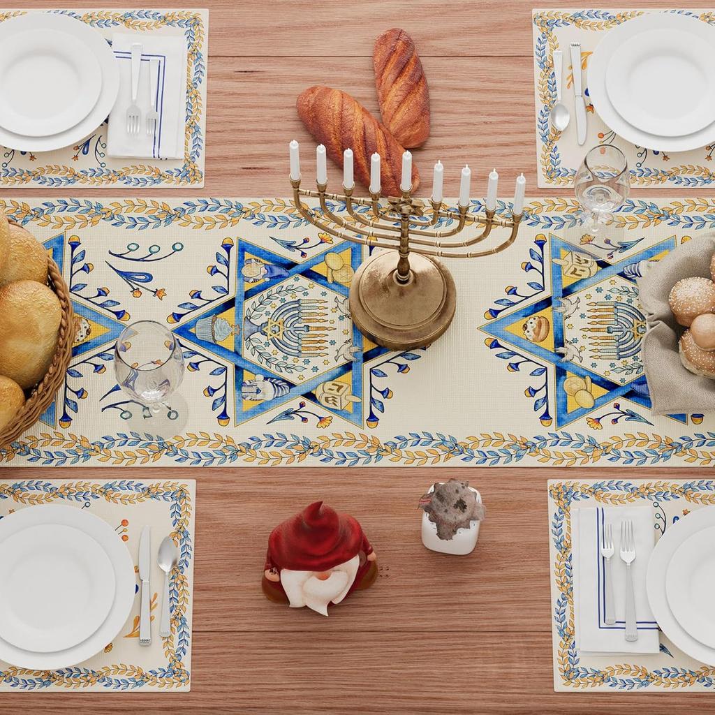 XCHI Six-Pointed Star Hanukkah Olive Leaf Chanukah Menorah Table Runner Table Decoration for Party Home Kitchen Dining Holiday Decor 13x72 Inch
