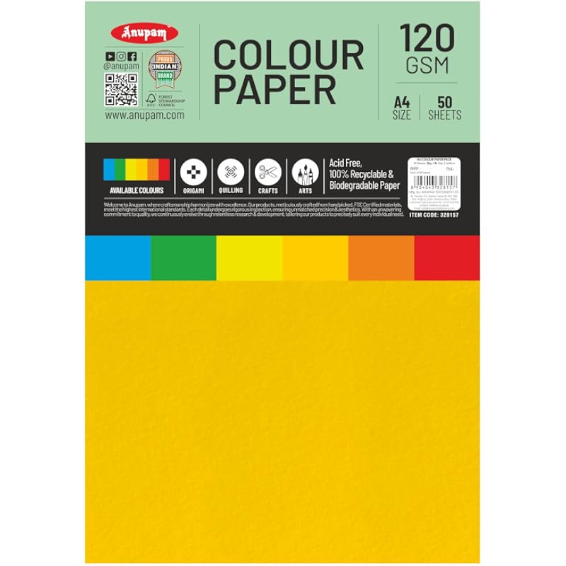 Anupam 50 Sheets Colored Craft Paper A4 Size 120 Gsm 5 Assorted Color Construction Paper Multi Color Card Stock Paper Fo