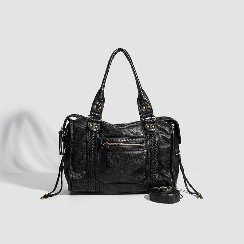 New Fashionable Retro Portable Shoulder Bag Washed Soft Locomotive Bag Large Capacity Travel Tote Bag