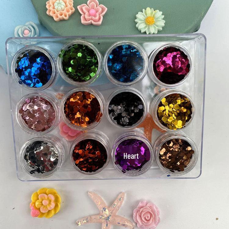 12-Farben Nail Art Glitzer Set: Rosen-, Blüten-, Herz- & Stern-Pailletten zur Handyhüllen-Dekoration