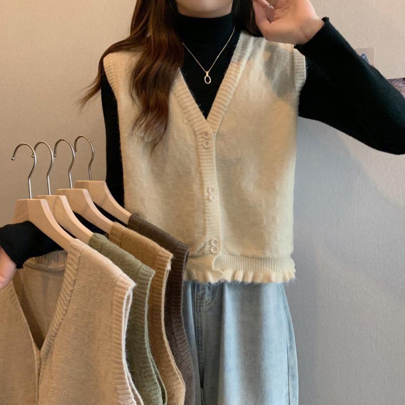 

Женский вязаный жилетный костюм с фестончатой отделкой по низу, V-образным вырезом 3XL абрикосовый