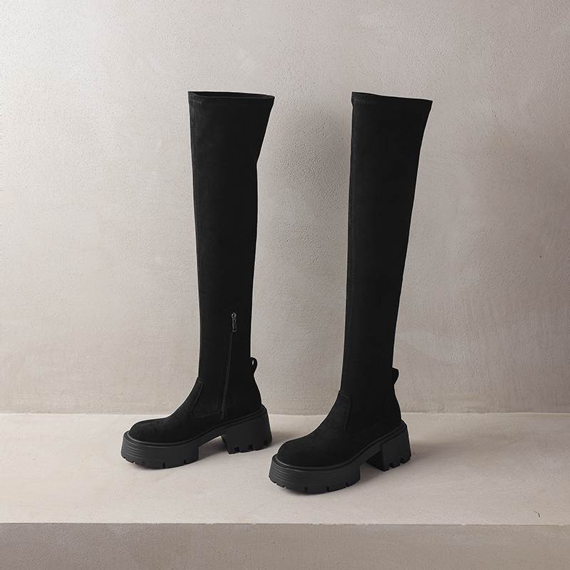 Krazing Pot Microfiber Autumn Winter Shoes Thick Bottom Flat Platform Size 43 Long Boots Zipper Over-the-knee Boots