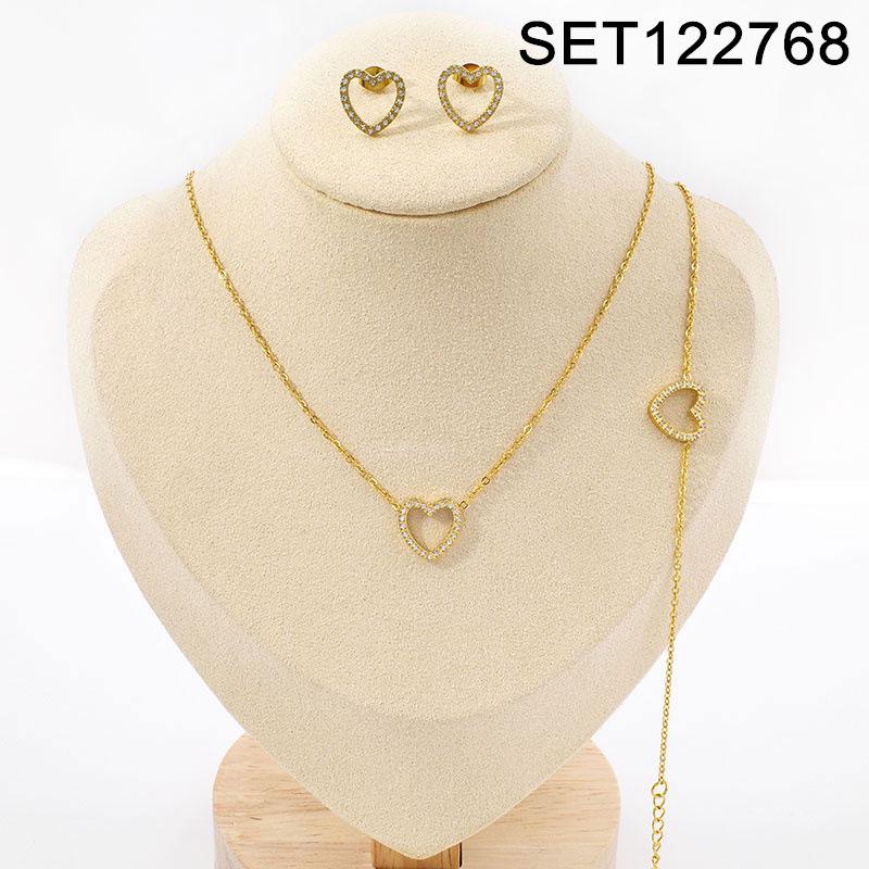 European Diamond-Accented Heart Jewelry Set: Necklace, Bracelet & Earrings in Titanium Steel for Women's Luxurious Style.