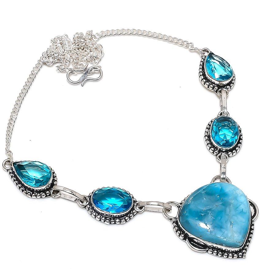 Natural Larimar, Topaz Gemstone 925 Sterling Silver Jewelry Necklace 18" P0T84