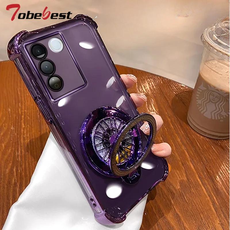 Shockproof Transparent Plating Gyro Phone Holder Case For Samsung Galaxy A16 A06 A15 A25 A35 A55 A14 A24 A34 A54 4G 5G Cover