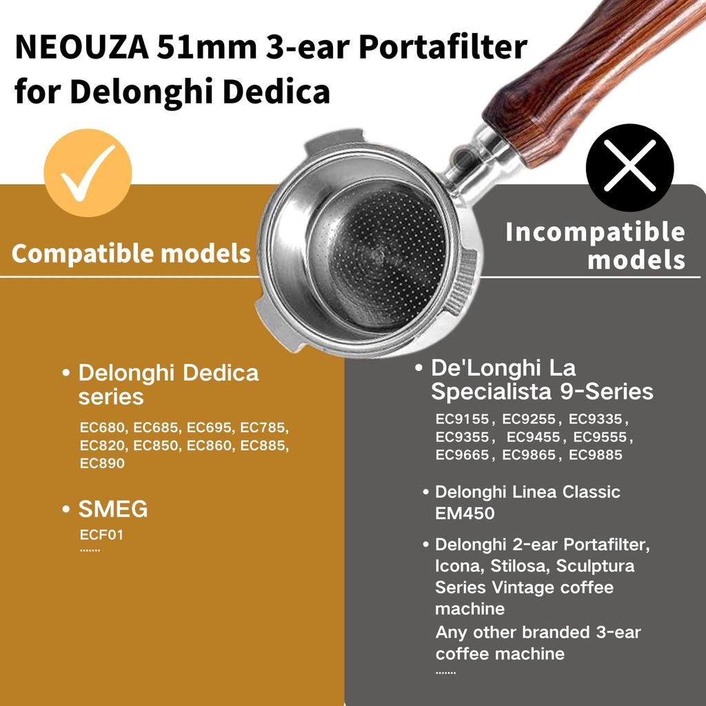 NEOUZA 51mm Bottomless Port Filter for Espresso Machines, Designed Specifically for DeLonghi EC885/EC680/EC685/EC785/EC820/EC850/EC860, Made of 304 St