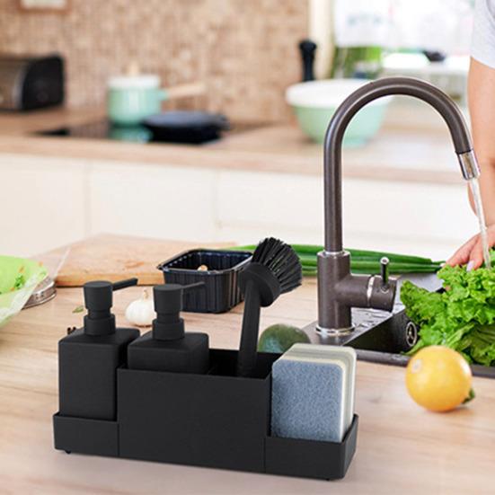 Multifunktionales Badezimmer-Organizer-Tablett mit 2 Seifenspendern, Reinigungsbürste, Küchenarbeitsplatte, Spülmittelflaschen-Schwammhalter-Ständer