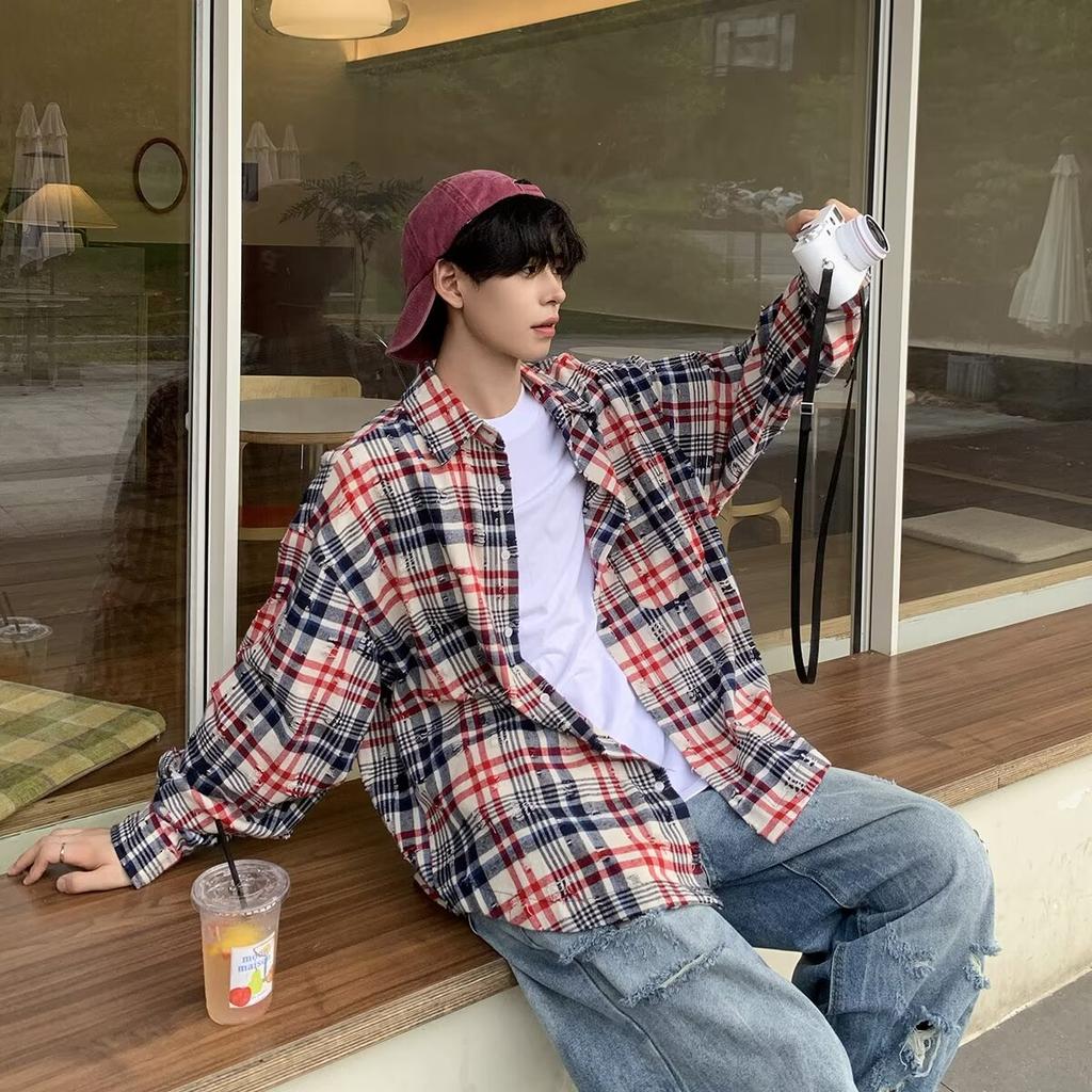 2024 Plaid Langarm Hemd Japanischen Hong Kong Stil Ins Lose Hemd Jungen Sommer Trendy Vielseitig Casual Mantel