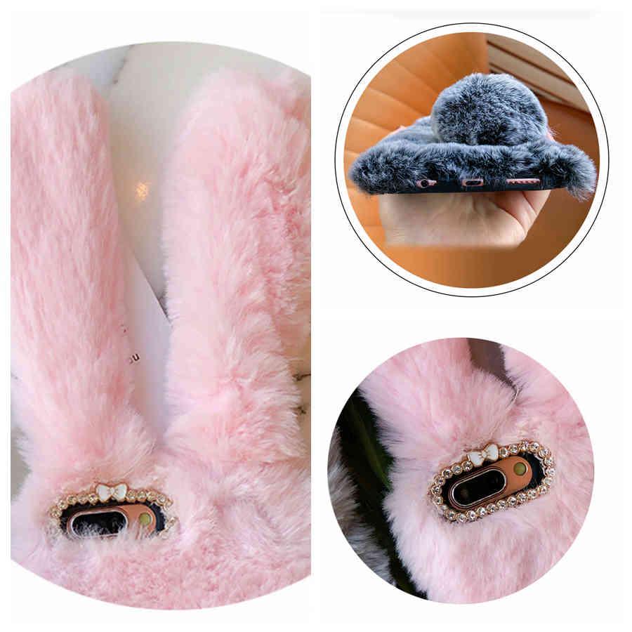 Cute Rabbit Doll Plush Cover Hairy Fur Fluffy Phone Case For Apple iPhone Samsung Galaxy Huawei