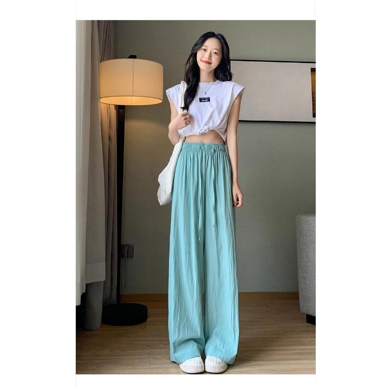 Spring Autumn Loose Casual Solid Elastic Waist Straight Pants Women Draped Flods All-match Wide Leg Trousers