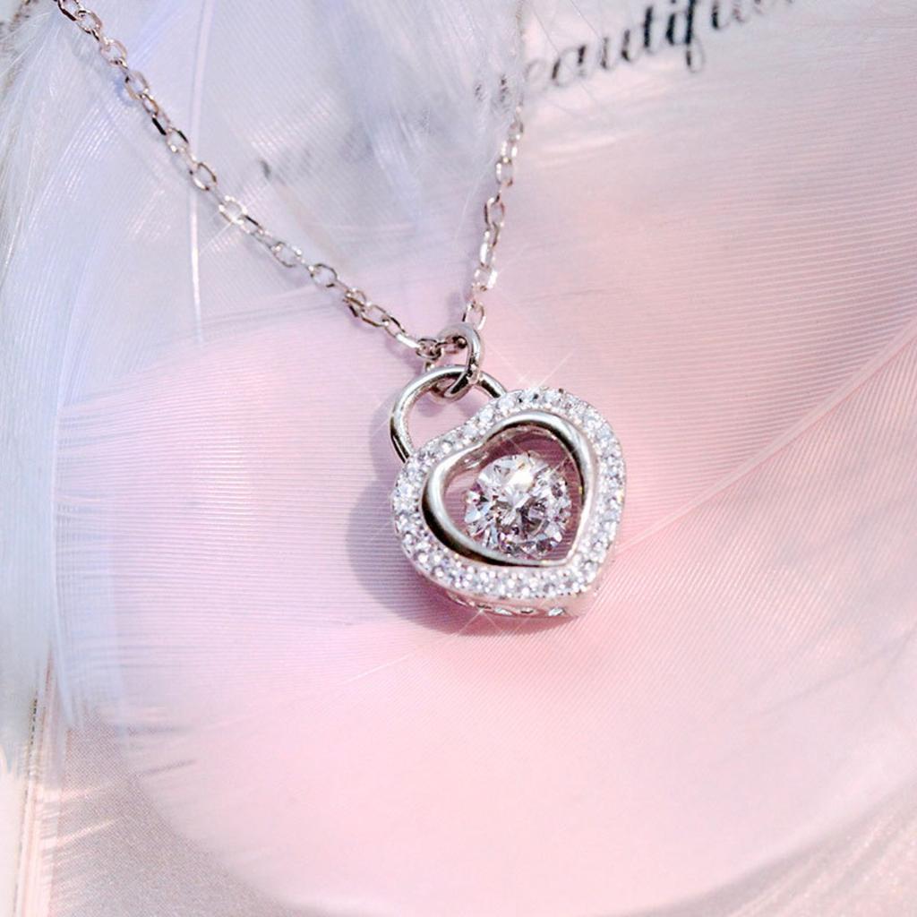 Floating Round Cubic Zirconia Double Layer Heart Lock Pendant Ins Women Clavicle Necklace