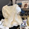 Embroidery Jacquard Craft Bubble Sleeves French Design Sense V-neck Waist Fashion Loose Chiffon Short-sleeved Lace Shirt Women