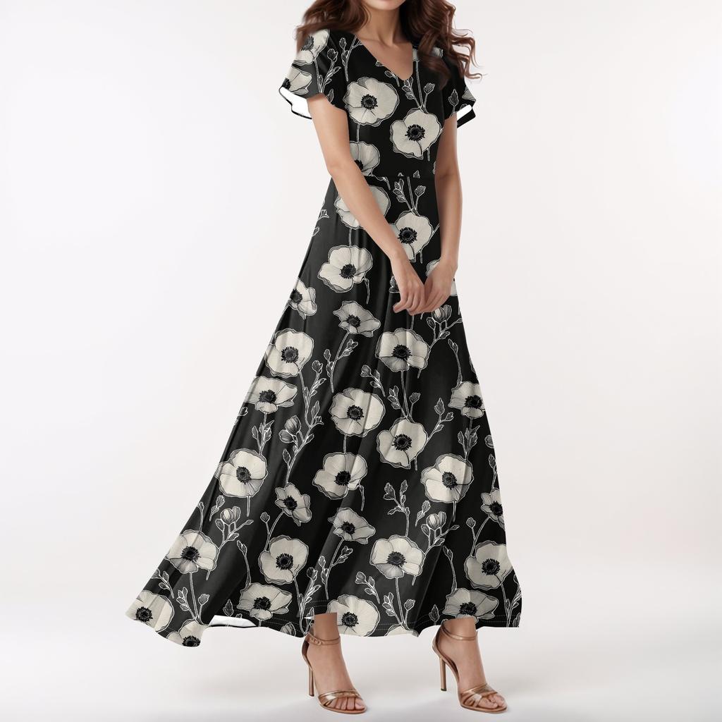 Lässiges Damenkleid mit V-Ausschnitt, kurzen Ärmeln und hoher Taille, Retro-Blumenblatt-Print