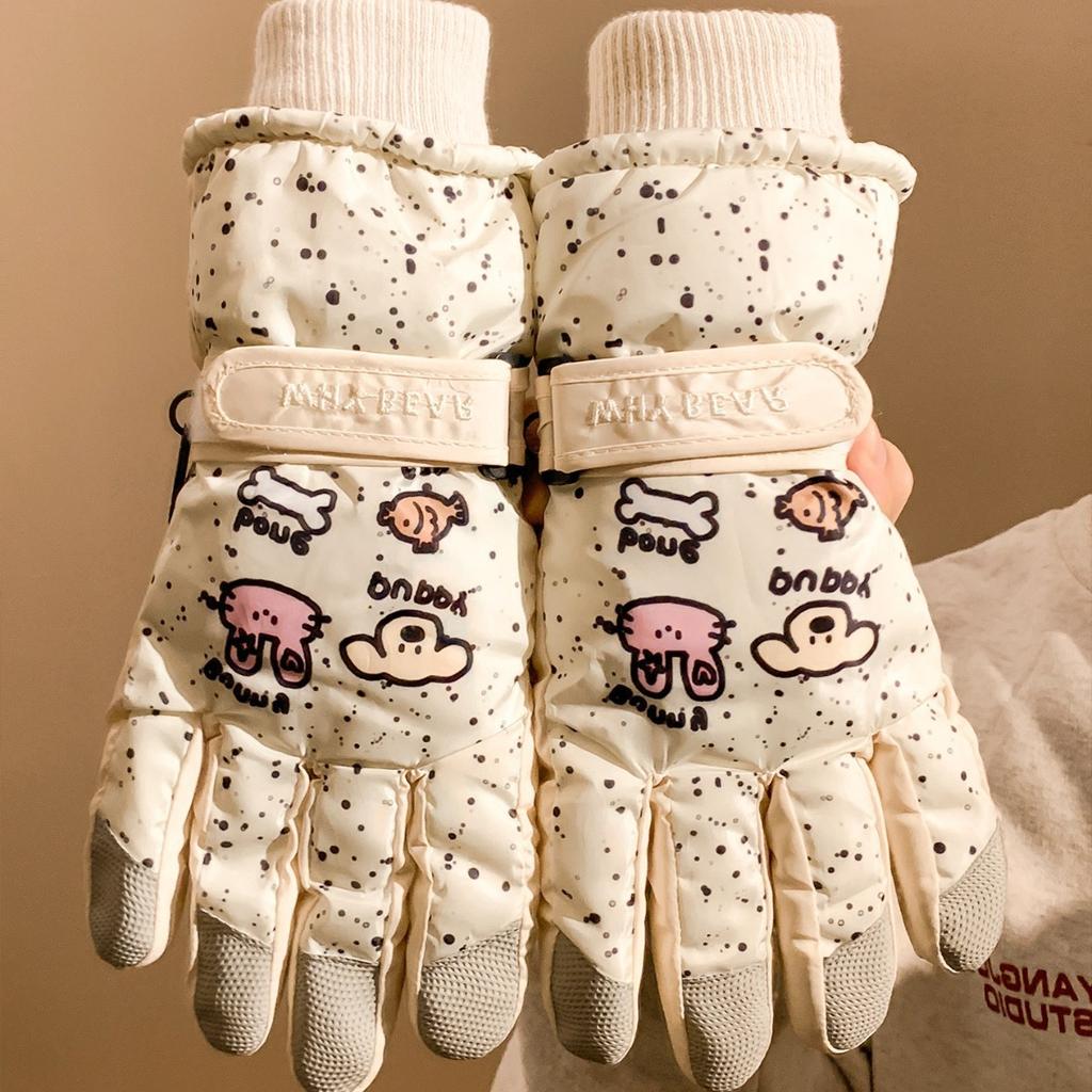 Printed ski waterproof gloves female winter cute rabbit riding touch screen velvet warm windproof and cold proof electric car