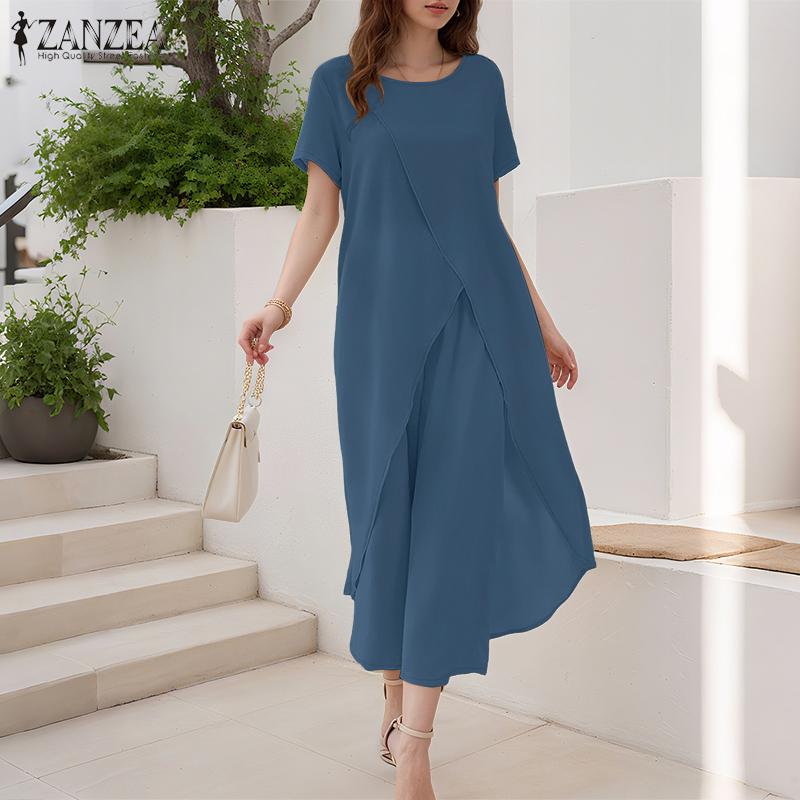 ZANZEA Women Short Sleeve Long T-shirt and Cropped Pants Casual Two Piece Suit Sets