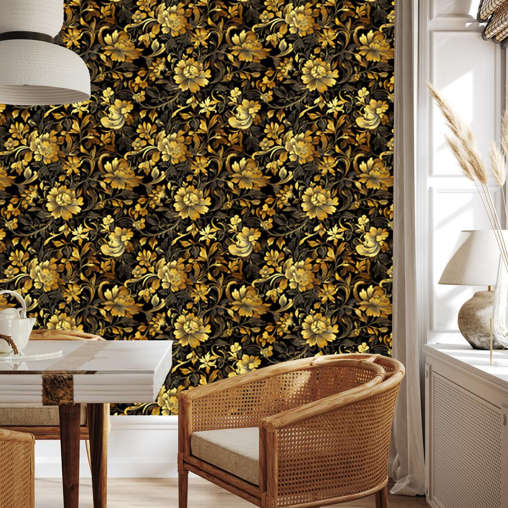 Golden Hibiscus Wallpaper Ochre, Yellow and Gold for Living Room and Bedroom 50x1000