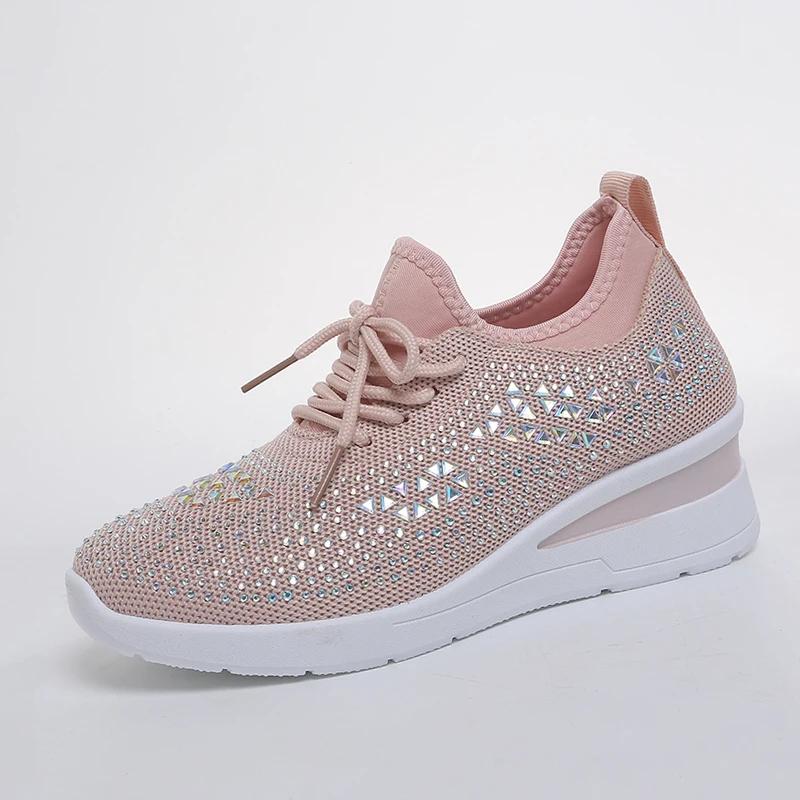 Ladies Four-Season Mesh Platform Shoes Bling Triangle Rhinestone Soft Rubber Sole Casual Daily Sneakers
