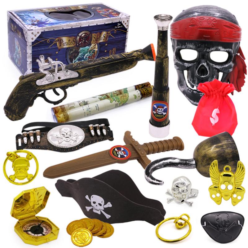 Halloween Piratenkostüm Spielset für Kinder Lustige Grimasse Totenkopf Augenmaske Piratenschatzkiste Spielzeug für