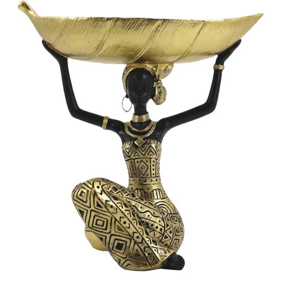 African Woman Figurine with Head Tray, Black & White Tribal Ethnic Pattern Resin Statue, Dual-Function Storage Organizer for Keys Trinkets Snacks,