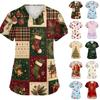 Women's V-Neck Christmas Print Scrub Top Short Sleeve Uniform with Pockets and Side Slits