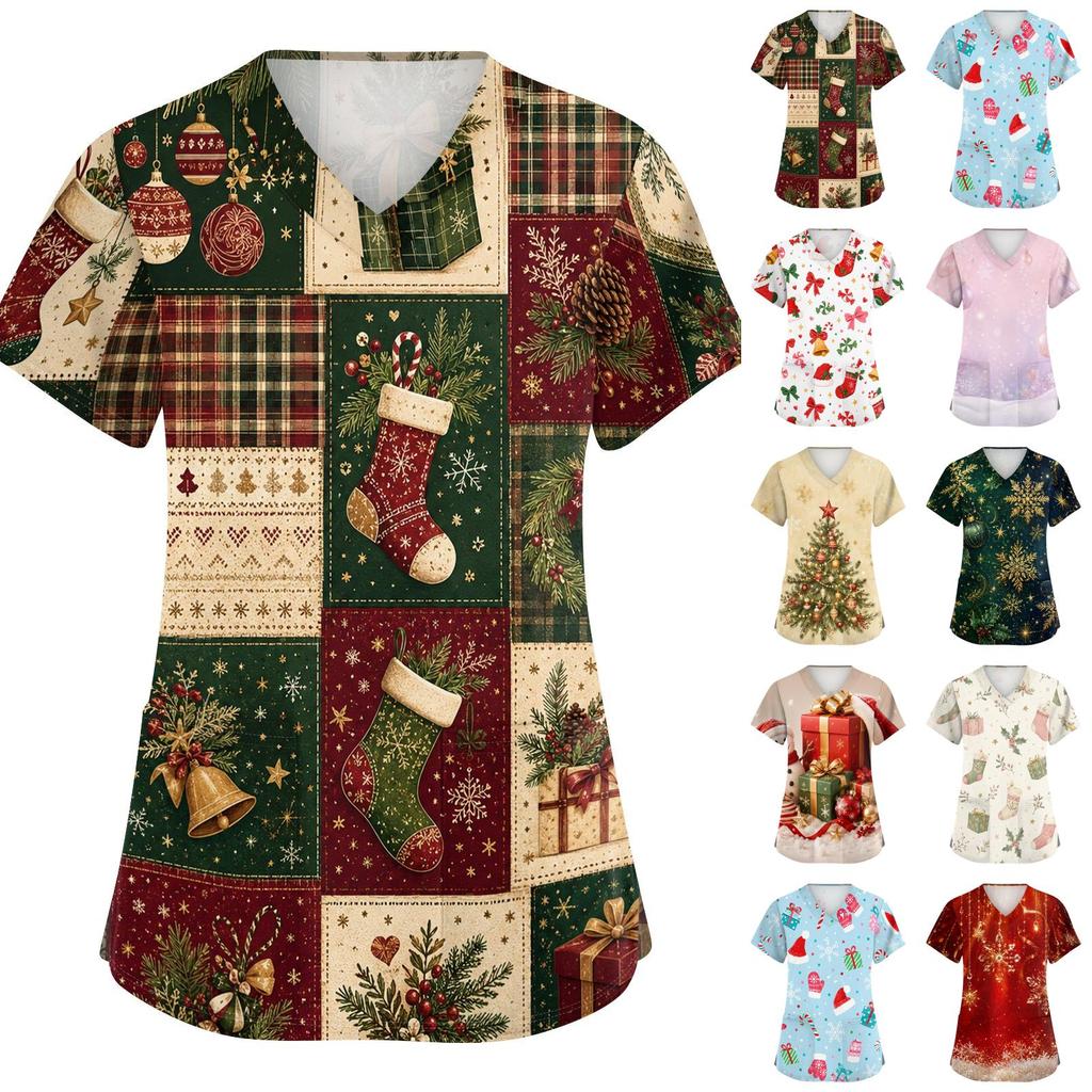 Women's V-Neck Christmas Print Scrub Top Short Sleeve Uniform with Pockets and Side Slits
