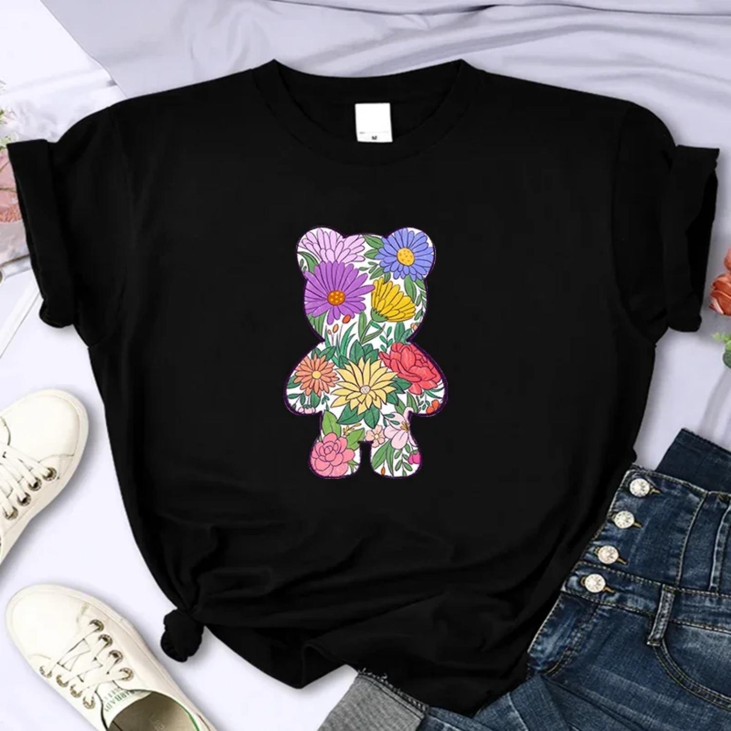 

Flower Bear Funny Print Women T-Shirt Short Sleeve Casual Top For Spring & Summer, Women s Clothing casual basics O-collar S чёрный